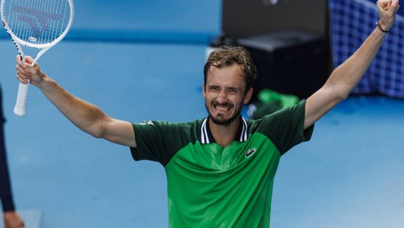 Jan 24, 2024; Melbourne, Victoria, Australia;  
Daniil Medvedev of Russia celebrates his victory over Hubert Hurkacz of Poland in the quarter final of the men   s singles at the Australian Open.
Mandatory Credit: Mike Frey-USA TODAY Sports