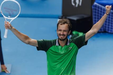 Jan 24, 2024; Melbourne, Victoria, Australia;  
Daniil Medvedev of Russia celebrates his victory over Hubert Hurkacz of Poland in the quarter final of the men   s singles at the Australian Open.
Mandatory Credit: Mike Frey-USA TODAY Sports