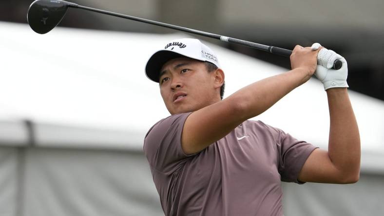 Jan 24, 2024; San Diego, California, USA; Kevin Yu hits his tee shot on the first hole during the first round of the Farmers Insurance Open golf tournament at Torrey Pines Municipal Golf Course - North Course. Mandatory Credit: Ray Acevedo-USA TODAY Sports