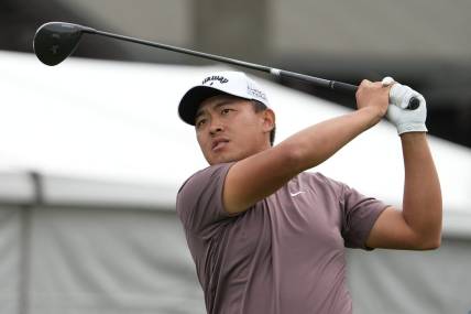Jan 24, 2024; San Diego, California, USA; Kevin Yu hits his tee shot on the first hole during the first round of the Farmers Insurance Open golf tournament at Torrey Pines Municipal Golf Course - North Course. Mandatory Credit: Ray Acevedo-USA TODAY Sports