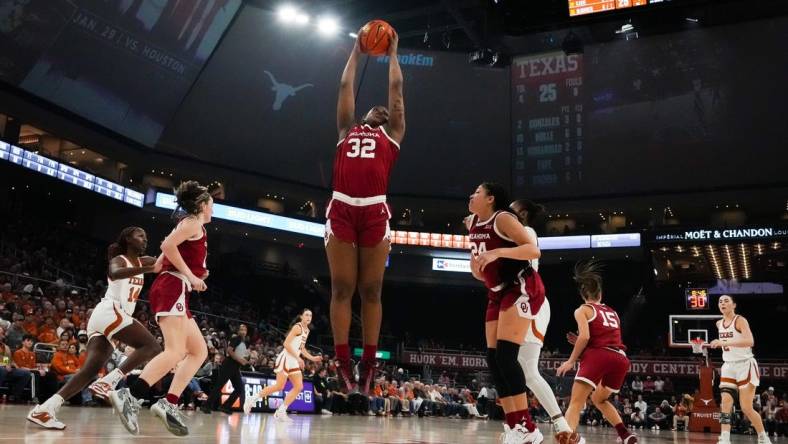 Oklahoma Sooners forward Sahara Williams (32) brings down a rebound during the first half of the Texas Longhorns' game against the Oklahoma Sooners at the Moody Center in Austin, Texas, Jan 24, 2024.