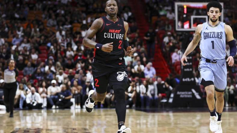 Jan 24, 2024; Miami, Florida, USA; Miami Heat guard Terry Rozier (2) runs on the court against the Memphis Grizzlies during the second quarter at Kaseya Center. Mandatory Credit: Sam Navarro-USA TODAY Sports