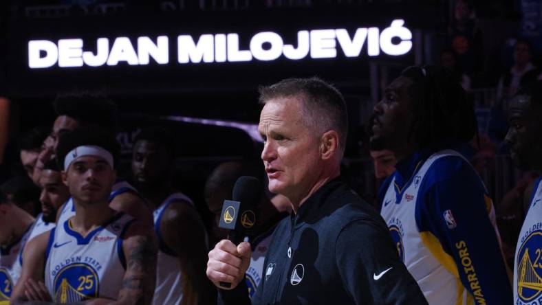 Jan 24, 2024; San Francisco, California, USA; Golden State Warriors head coach Steve Kerr speaks about the late assistant coach Dejan Milojevic before a game against the Atlanta Hawks at Chase Center. Mandatory Credit: Kelley L Cox-USA TODAY Sports