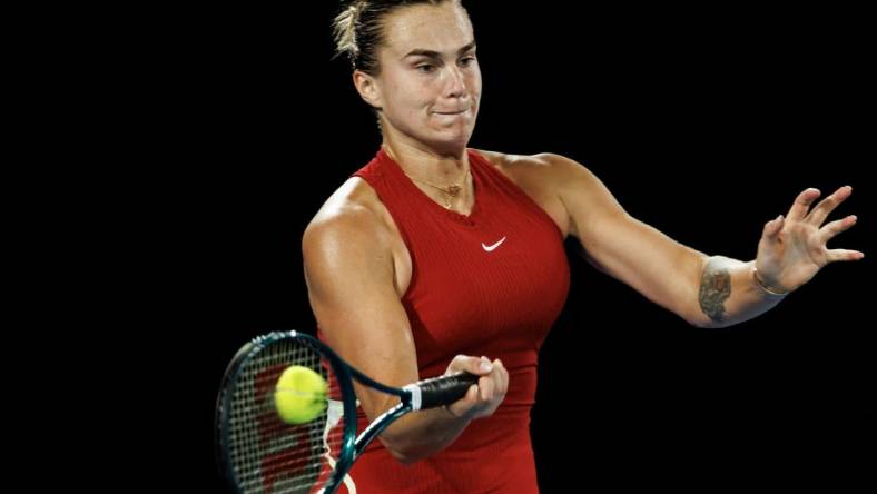 Jan 25, 2024; Melbourne, Victoria, Australia; 
Aryna Sabalenka of Belarus in action against Coco Gauff of the United States in the semi-final of the women s singles at the Australian Open. Mandatory Credit: Mike Frey-USA TODAY Sports