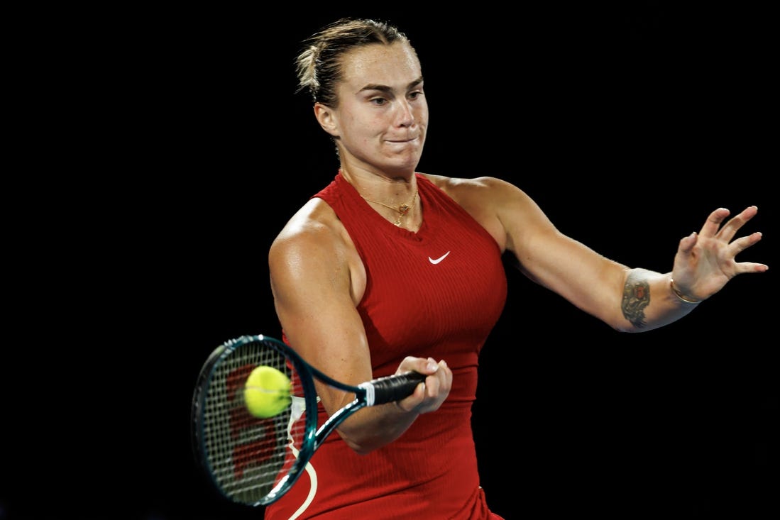 Jan 25, 2024; Melbourne, Victoria, Australia; 
Aryna Sabalenka of Belarus in action against Coco Gauff of the United States in the semi-final of the women s singles at the Australian Open. Mandatory Credit: Mike Frey-USA TODAY Sports