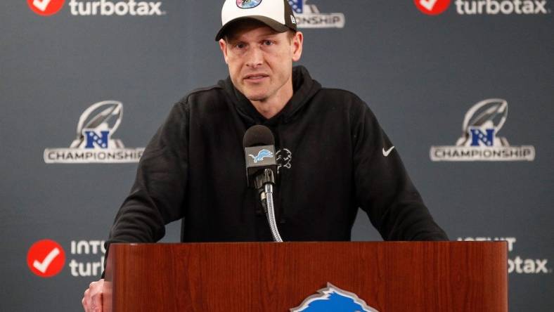 Detroit Lions offensive coordinator Ben Johnson speaks at Detroit Lions headquarters and training facility in Allen Park on Thursday, Jan. 25, 2024.