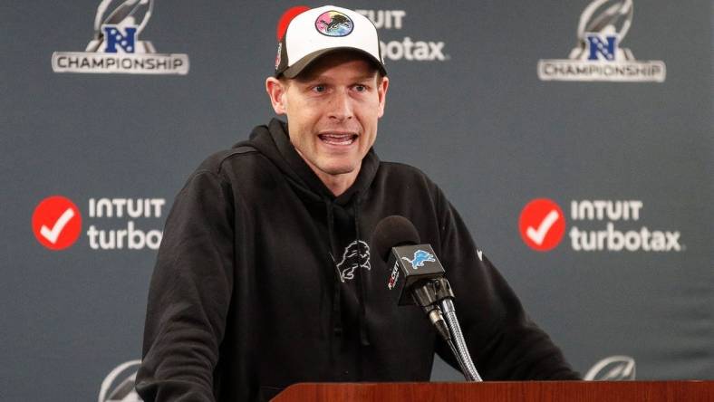 Detroit Lions offensive coordinator Ben Johnson speaks at Detroit Lions headquarters and training facility in Allen Park on Thursday, Jan. 25, 2024.