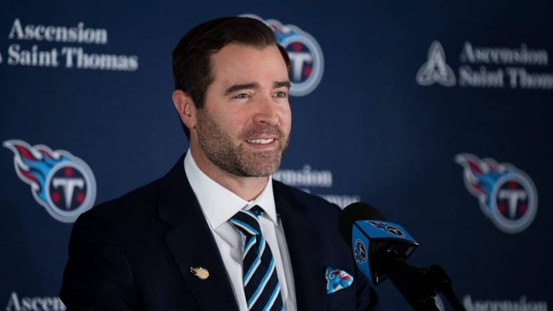 Tennessee Titans Head Coach Brian Callahan addresses the media after being introduced by Titans owner Amy Adams Strunk at Ascension Saint Thomas Sports Park in Nashville, Tenn., Thursday, Jan. 25, 2024.