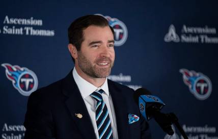 Tennessee Titans Head Coach Brian Callahan addresses the media after being introduced by Titans owner Amy Adams Strunk at Ascension Saint Thomas Sports Park in Nashville, Tenn., Thursday, Jan. 25, 2024.