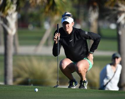 Nelly Korda, from Bradenton, Florida, studies her putt on the first hole Thursday, Jan. 25, 2024 at the LPGA Drive On Championship at the Bradenton Country Club in Bradenton, Florida.