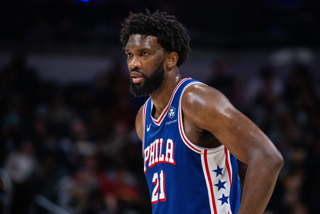 Jan 25, 2024; Indianapolis, Indiana, USA; Philadelphia 76ers center Joel Embiid (21) looks on in the first half against the Indiana Pacers at Gainbridge Fieldhouse. Mandatory Credit: Trevor Ruszkowski-USA TODAY Sports