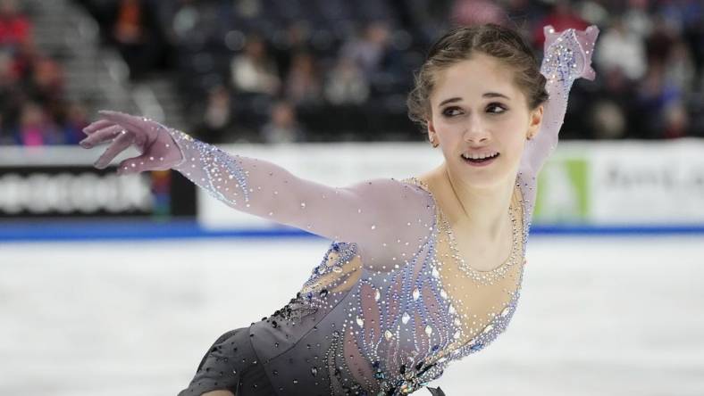 Jan 25, 2024; Columbus, Ohio, USA; Isabeau Levito skates in the championship women short program during the 2024 US Figure Skating Championships at Nationwide Arena. Mandatory Credit: Adam Cairns-USA TODAY Sports