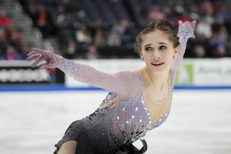 Jan 25, 2024; Columbus, Ohio, USA; Isabeau Levito skates in the championship women short program during the 2024 US Figure Skating Championships at Nationwide Arena. Mandatory Credit: Adam Cairns-USA TODAY Sports