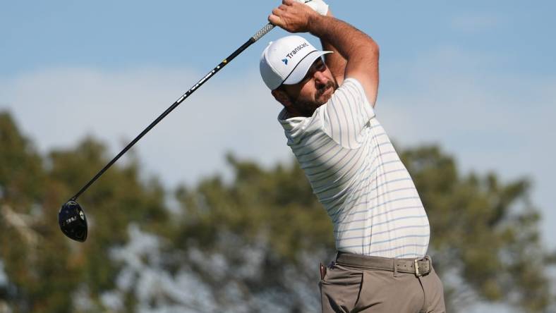 Jan 26, 2024; San Diego, California, USA; Stephan Jaeger hits his tee shot on the second hole during the third round of the Farmers Insurance Open golf tournament at Torrey Pines Municipal Golf Course - South Course. Mandatory Credit: Ray Acevedo-USA TODAY Sports