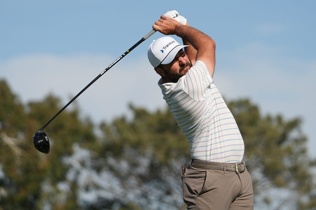 Jan 26, 2024; San Diego, California, USA; Stephan Jaeger hits his tee shot on the second hole during the third round of the Farmers Insurance Open golf tournament at Torrey Pines Municipal Golf Course - South Course. Mandatory Credit: Ray Acevedo-USA TODAY Sports