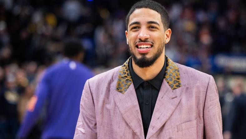 Jan 26, 2024; Indianapolis, Indiana, USA; Indiana Pacers guard Tyrese Haliburton (0) celebrates after the game against the Phoenix Suns at Gainbridge Fieldhouse. Mandatory Credit: Trevor Ruszkowski-USA TODAY Sports