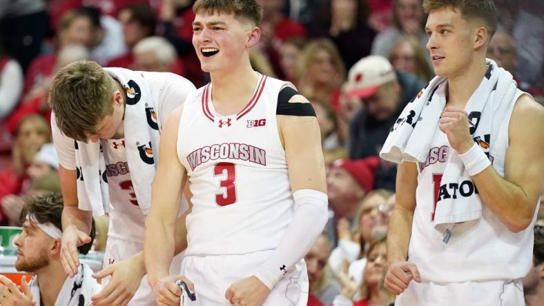 Jan 26, 2024; Madison, Wisconsin, USA; Wisconsin Badgers guard Connor Essegian (3) celebrates a basket during the second half against the Michigan State Spartans at the Kohl Center. Mandatory Credit: Kayla Wolf-USA TODAY Sports