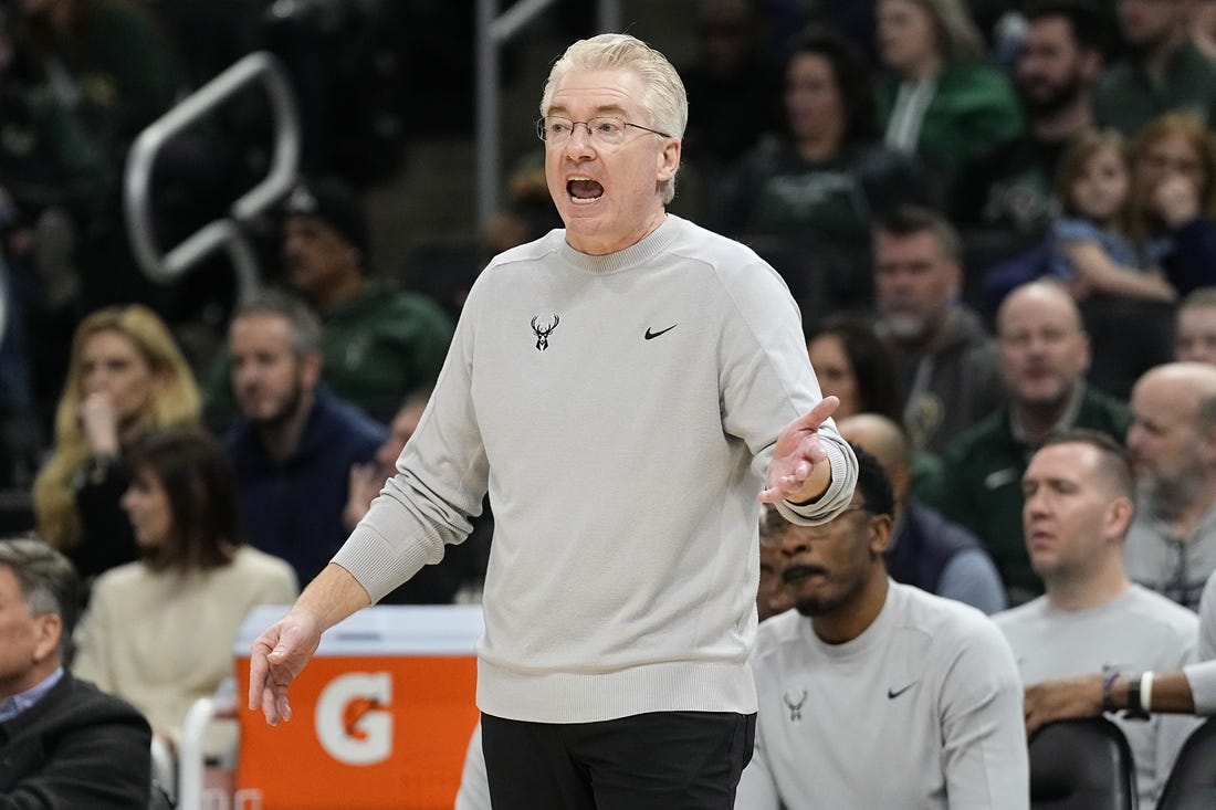 Jan 26, 2024; Milwaukee, Wisconsin, USA;  Milwaukee Bucks interim head coach Joe Prunty reacts to a call during the fourth quarter against the Cleveland Cavaliers at Fiserv Forum. Mandatory Credit: Jeff Hanisch-USA TODAY Sports