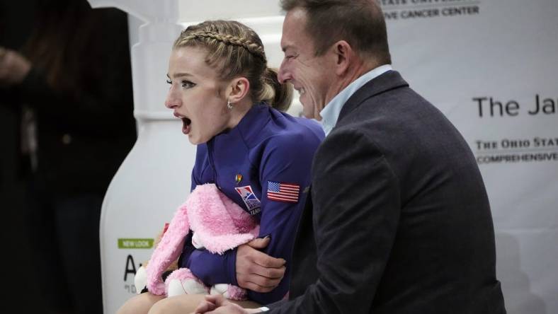 Jan 26, 2024; Columbus, Ohio, USA; Amber Glenn reacts after her score was posted in the championship women   s free skate during the 2024 US Figure Skating Championships at Nationwide Arena. Mandatory Credit: Adam Cairns-USA TODAY Sports