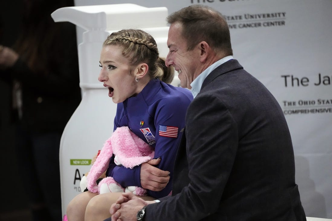 Jan 26, 2024; Columbus, Ohio, USA; Amber Glenn reacts after her score was posted in the championship women   s free skate during the 2024 US Figure Skating Championships at Nationwide Arena. Mandatory Credit: Adam Cairns-USA TODAY Sports