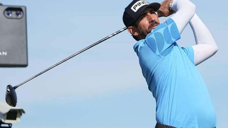 Jan 27, 2024; San Diego, California, USA; Matthieu Pavon hits his tee shot on the second hole during the final round of the Farmers Insurance Open golf tournament at Torrey Pines Municipal Golf Course - South Course. Mandatory Credit: Ray Acevedo-USA TODAY Sports