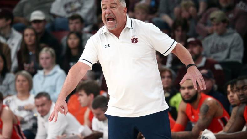 Jan 27, 2024; Starkville, Mississippi, USA; Auburn Tigers head coach Bruce Pearl reacts during the first half against the Mississippi State Bulldogs at Humphrey Coliseum. Mandatory Credit: Petre Thomas-USA TODAY Sports