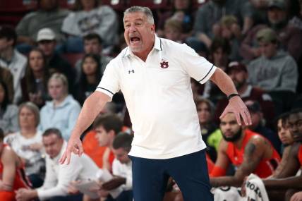 Jan 27, 2024; Starkville, Mississippi, USA; Auburn Tigers head coach Bruce Pearl reacts during the first half against the Mississippi State Bulldogs at Humphrey Coliseum. Mandatory Credit: Petre Thomas-USA TODAY Sports