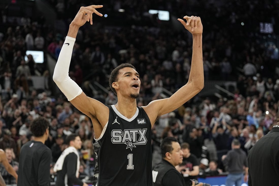 Jan 27, 2024; San Antonio, Texas, USA; San Antonio Spurs forward Victor Wembanyama (1) reacts after a victory over the Minnesota Timberwolves at Frost Bank Center. Mandatory Credit: Scott Wachter-USA TODAY Sports