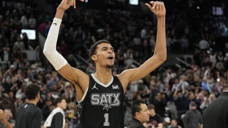 Jan 27, 2024; San Antonio, Texas, USA; San Antonio Spurs forward Victor Wembanyama (1) reacts after a victory over the Minnesota Timberwolves at Frost Bank Center. Mandatory Credit: Scott Wachter-USA TODAY Sports