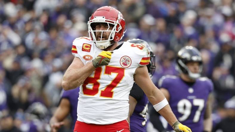 Jan 28, 2024; Baltimore, Maryland, USA; Kansas City Chiefs tight end Travis Kelce (87) celebrates after scoring a touchdown against the Baltimore Ravens during the first half in the AFC Championship football game at M&T Bank Stadium. Mandatory Credit: Geoff Burke-USA TODAY Sports