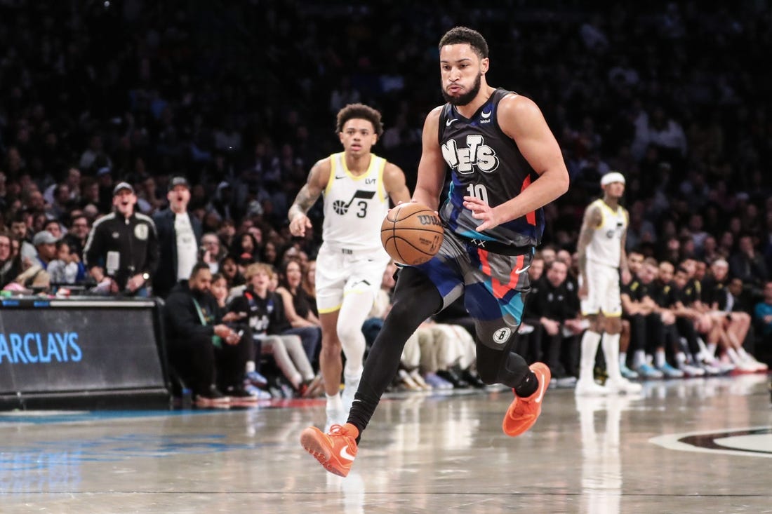 Jan 29, 2024; Brooklyn, New York, USA;  Brooklyn Nets guard Ben Simmons (10) brings the ball up court in the third quarter against the Utah Jazz at Barclays Center. Mandatory Credit: Wendell Cruz-USA TODAY Sports