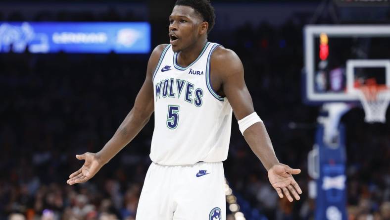 Jan 29, 2024; Oklahoma City, Oklahoma, USA; Minnesota Timberwolves guard Anthony Edwards (5) reacts after a play against the Oklahoma City Thunder during the second half at Paycom Center. Mandatory Credit: Alonzo Adams-USA TODAY Sports