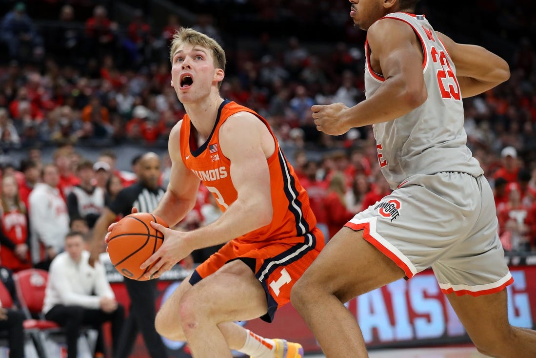 Jan 30, 2024; Columbus, Ohio, USA; Illinois Fighting Illini forward Marcus Domask (3) looks to score as Ohio State Buckeyes forward Zed Key (23) defends during the first half at Value City Arena. Mandatory Credit: Joseph Maiorana-USA TODAY Sports