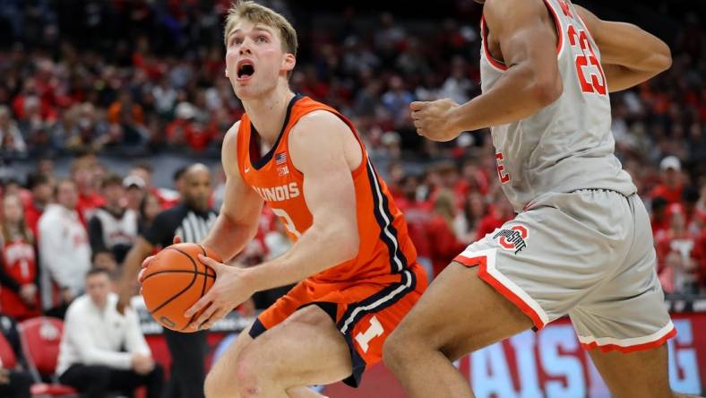 Jan 30, 2024; Columbus, Ohio, USA; Illinois Fighting Illini forward Marcus Domask (3) looks to score as Ohio State Buckeyes forward Zed Key (23) defends during the first half at Value City Arena. Mandatory Credit: Joseph Maiorana-USA TODAY Sports