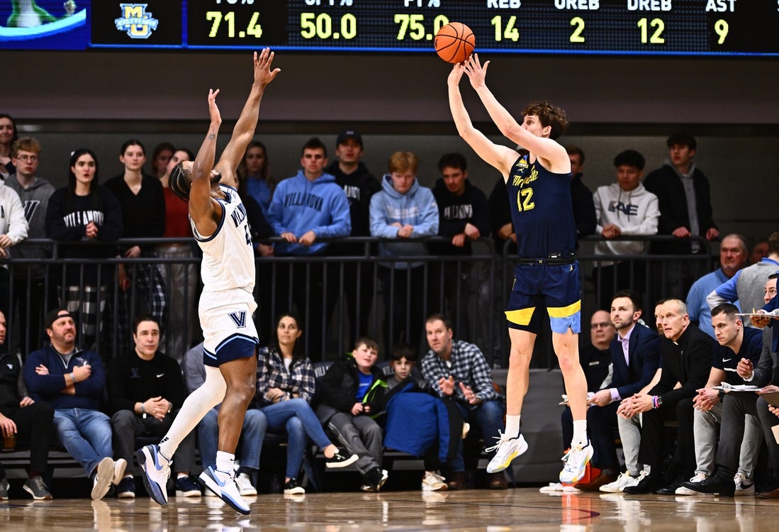 Jan 30, 2024; Villanova, Pennsylvania, USA; Marquette Golden Eagles forward Ben Gold (12) shoots against Villanova Wildcats forward Eric Dixon (43) in the first half at William B. Finneran Pavilion. Mandatory Credit: Kyle Ross-USA TODAY Sports