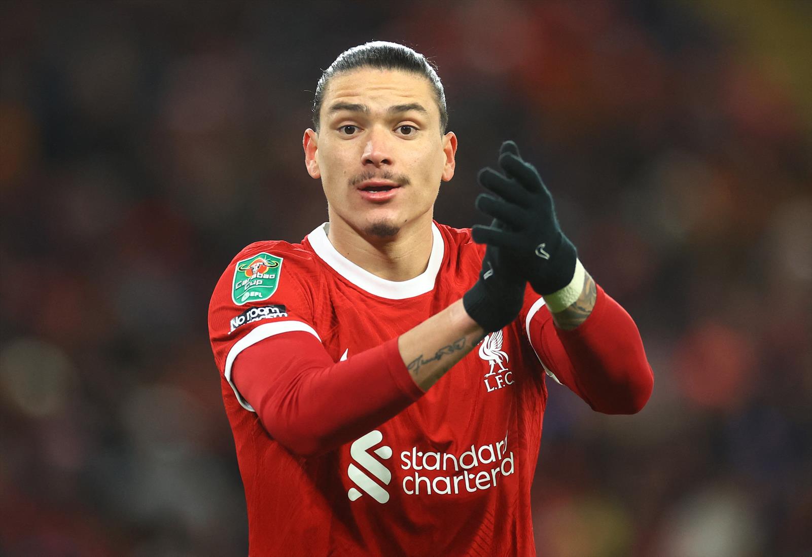 Soccer Football - Carabao Cup - Semi-Final - First Leg - Liverpool v Fulham - Anfield, Liverpool, Britain - January 10, 2024 Liverpool's Darwin Nunez reacts REUTERS/Carl Recine