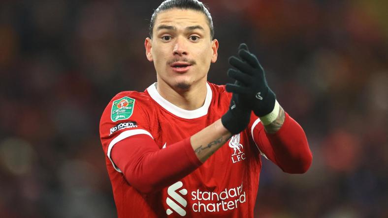 Soccer Football - Carabao Cup - Semi-Final - First Leg - Liverpool v Fulham - Anfield, Liverpool, Britain - January 10, 2024 Liverpool's Darwin Nunez reacts REUTERS/Carl Recine