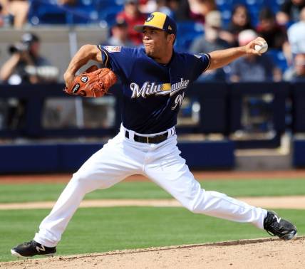 Milwaukee Brewers minor league pitcher Clayton Andrews delivers a pitch during their spring training game against the Arizona Diamondbacks.

ANDREWS21p1