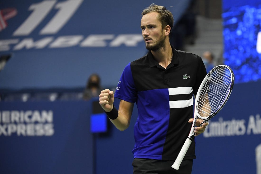 Sep 11 2020; Flushing Meadows, New York,USA; Daniil Medvedev of Russia reacts after winning a point against Dominic Thiem of Austria (not pictured) in a men's singles semi-finals match on day twelve of the 2020 U.S. Open tennis tournament at USTA Billie Jean King National Tennis Center. Mandatory Credit: Danielle Parhizkaran-USA TODAY Sports