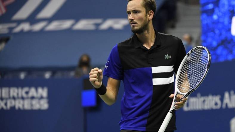 Sep 11 2020; Flushing Meadows, New York,USA; Daniil Medvedev of Russia reacts after winning a point against Dominic Thiem of Austria (not pictured) in a men's singles semi-finals match on day twelve of the 2020 U.S. Open tennis tournament at USTA Billie Jean King National Tennis Center. Mandatory Credit: Danielle Parhizkaran-USA TODAY Sports