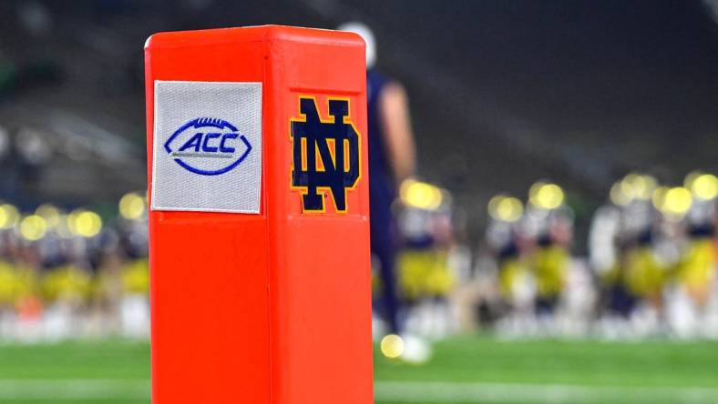 Nov 7, 2020; South Bend, Indiana, USA; An end zone pylon has the Notre Dame and ACC logos in at Notre Dame Stadium before the game between the Notre Dame Fighting Irish and the Clemson Tigers. Notre Dame is playing in the ACC in the 2020 season. Notre Dame defeated Clemson 47-40 in two overtimes. Mandatory Credit: Matt Cashore-USA TODAY Sports