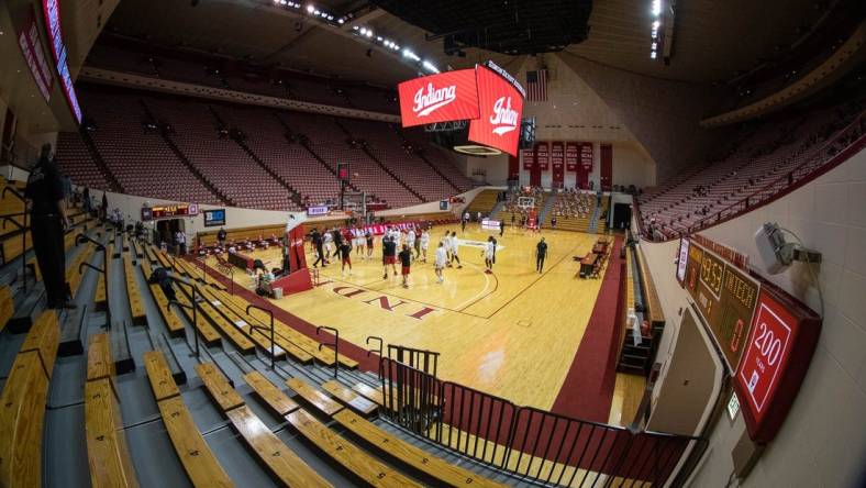 Nov 25, 2020; Bloomington, Indiana, USA; A general view of the court during pregame warmups before a game between the Indiana Hoosiers and the Tennessee Tech Golden Eagles at Simon Skjodt Assembly Hall. Mandatory Credit: Trevor Ruszkowski-USA TODAY Sports