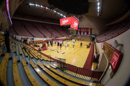 Nov 25, 2020; Bloomington, Indiana, USA; A general view of the court during pregame warmups before a game between the Indiana Hoosiers and the Tennessee Tech Golden Eagles at Simon Skjodt Assembly Hall. Mandatory Credit: Trevor Ruszkowski-USA TODAY Sports