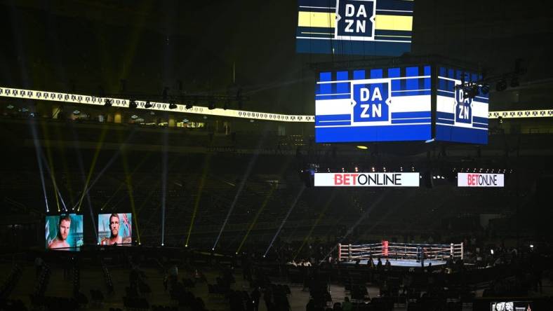 Dec 19, 2020; San Antonio, TX, USA; A general view before the WBA, WBC and Ring Magazine super middleweight championship bout between Canelo Alvarez and Callum Smith at the Alamodome.  Mandatory Credit: Al Powers/Handout Photo via USA TODAY Sports