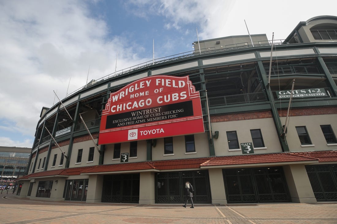 Mar 24, 2021; Chicago, Illinois, USA; A general view of the exterior of Wrigley Field. Mandatory Credit: Kamil Krzaczynski-USA TODAY Sports