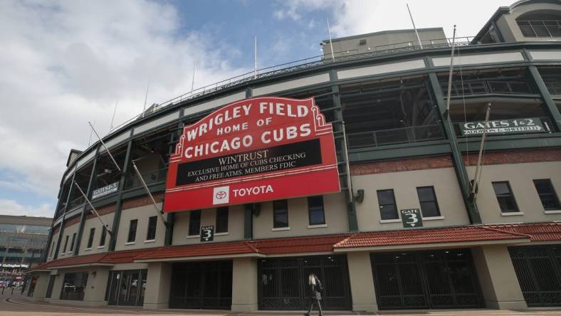 Mar 24, 2021; Chicago, Illinois, USA; A general view of the exterior of Wrigley Field. Mandatory Credit: Kamil Krzaczynski-USA TODAY Sports