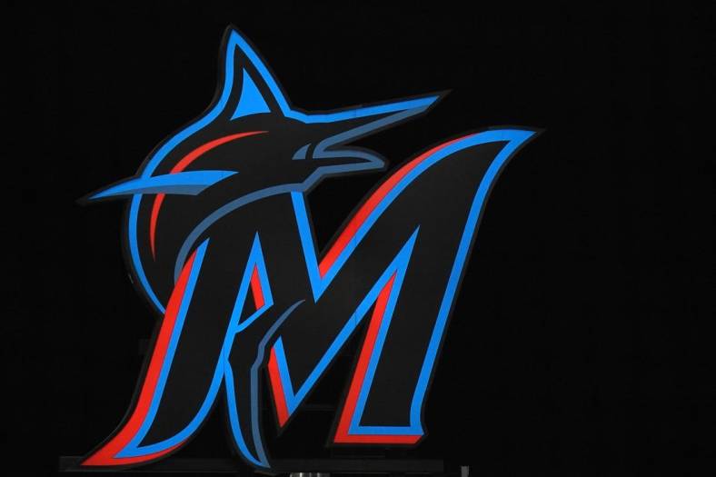 May 5, 2021; Miami, Florida, USA; A general view of the Miami Marlins illuminated logo at loanDepot park during the game between the Miami Marlins and the Arizona Diamondbacks. Mandatory Credit: Jasen Vinlove-USA TODAY Sports
