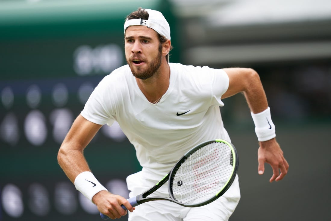 Jul 7, 2021; London, United Kingdom; Karen Khachanov (RUS) seen playing Denis Shapovalov (CAN) in the quarter finals at All England Lawn Tennis and Croquet Club. Mandatory Credit: Peter van den Berg-USA TODAY Sports