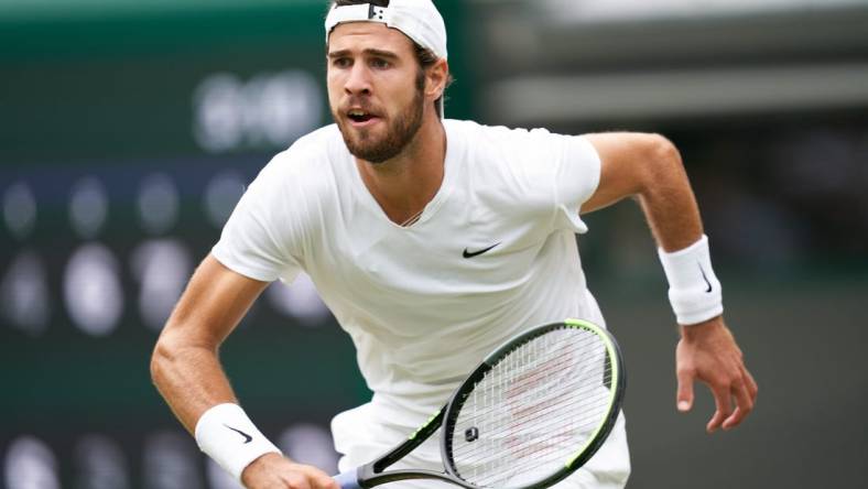 Jul 7, 2021; London, United Kingdom; Karen Khachanov (RUS) seen playing Denis Shapovalov (CAN) in the quarter finals at All England Lawn Tennis and Croquet Club. Mandatory Credit: Peter van den Berg-USA TODAY Sports