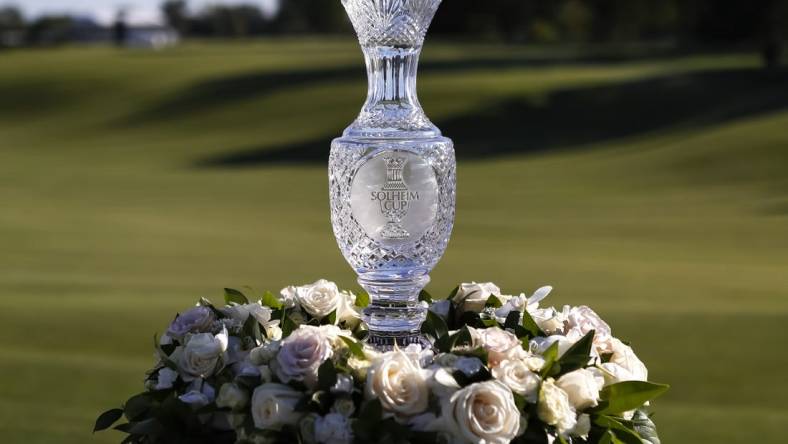 Sep 6, 2021; Toledo, Ohio, USA; The Solheim Cup is seen during the trophy presentation at the 2021 Solheim Cup at Invernes Club. Mandatory Credit: Raj Mehta-USA TODAY Sports